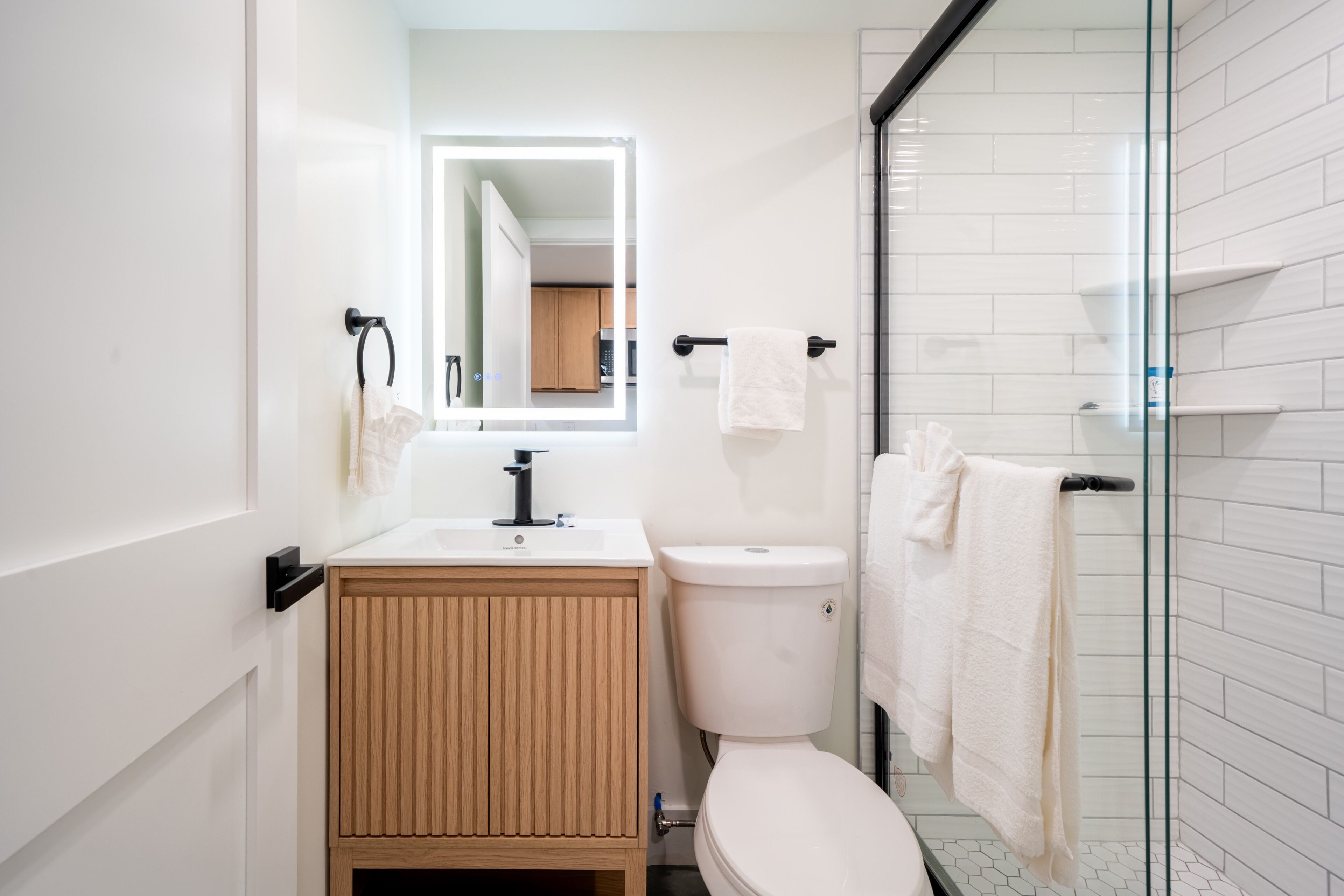 Shower, towels, soap, shampoo