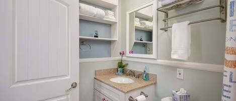 A bathroom with a white door, a sink with a countertop, a mirror above the sink, a towel rack, and a toilet.