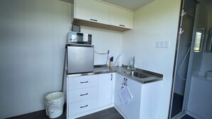 Una cocina compacta con refrigerador, microondas, lavamanos y armarios.