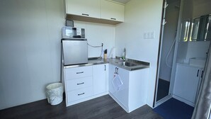 Une cuisine de taille réduite avec des meubles blancs, un four à micro-ondes, un évier et une poubelle.