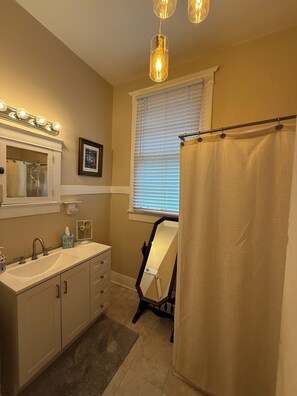 Hair dryer, towels, toilet paper