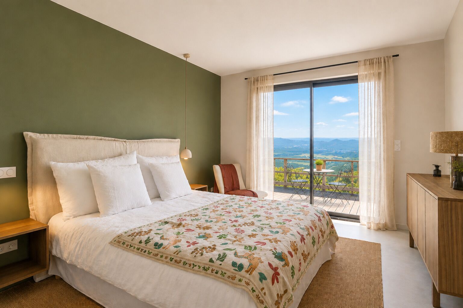 A bedroom with a large bed, a nightstand, a chair, a wooden cabinet, and a balcony with a view.