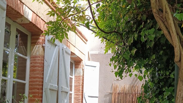 Un pequeño espacio al aire libre con un sofá de mimbre y una mesita, rodeado de follaje y una valla de bambú.