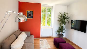 Smart-TV, Tischtennisplatte, Bücher