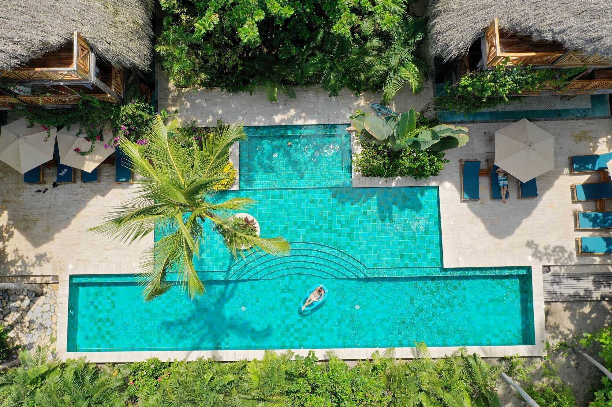 Piscina en la azotea con una palmera, sillas de descanso y estructuras de techo de paja.