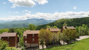 A residential area with multiple brick houses, a driveway, and a backdrop of mountains.