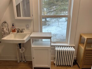 Ein Badezimmer mit einem weißen Waschbecken, einem Spiegel, einem Fenster mit Blick auf Bäume, einem Heizkörper und einem Holzregal.