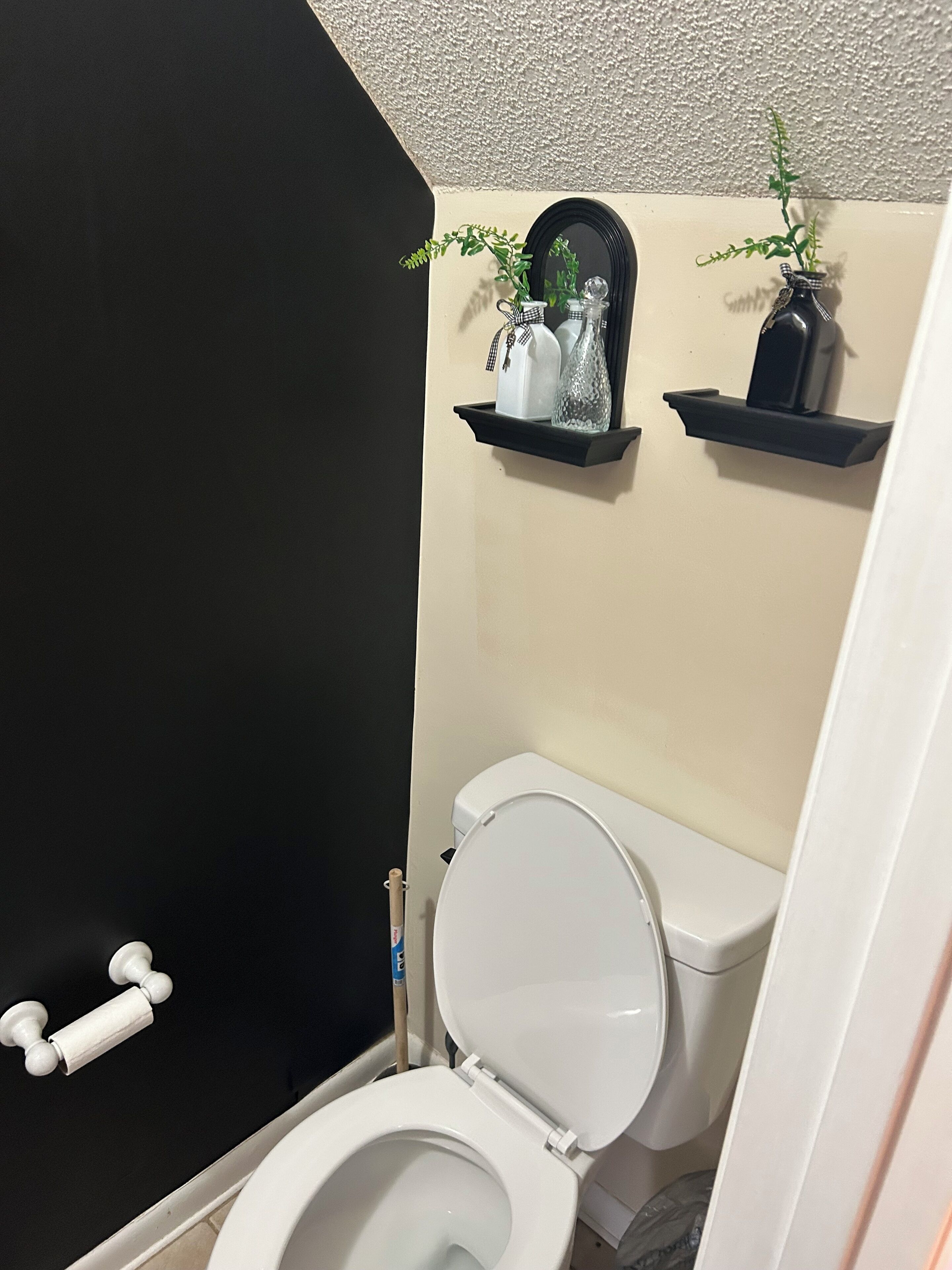 Un baño con inodoro, estante decorativo y una planta.