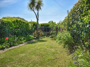 A garden pathway leading to a house with a wooden fence and a palm tree.