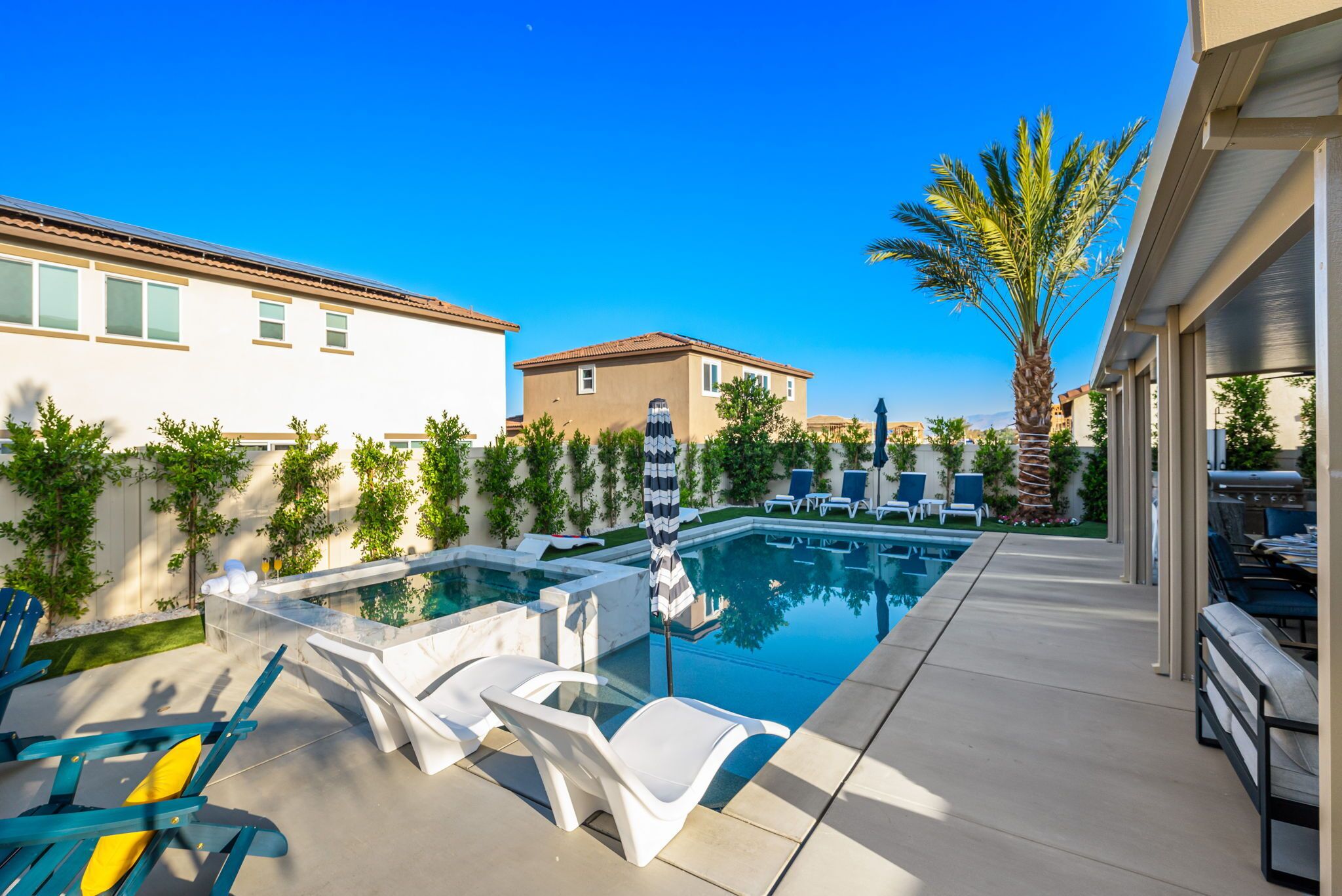 A swimming pool with lounge chairs, a palm tree, and a building in the background.