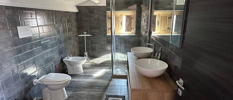 Shower, hair dryer, bidet, towels