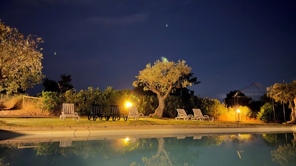 Seasonal outdoor pool, pool umbrellas, pool loungers