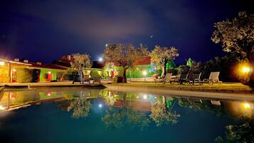 Seasonal outdoor pool, pool umbrellas, pool loungers