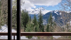 Eine Berglandschaft mit schneebedeckten Gipfeln und immergrünen Bäumen.
