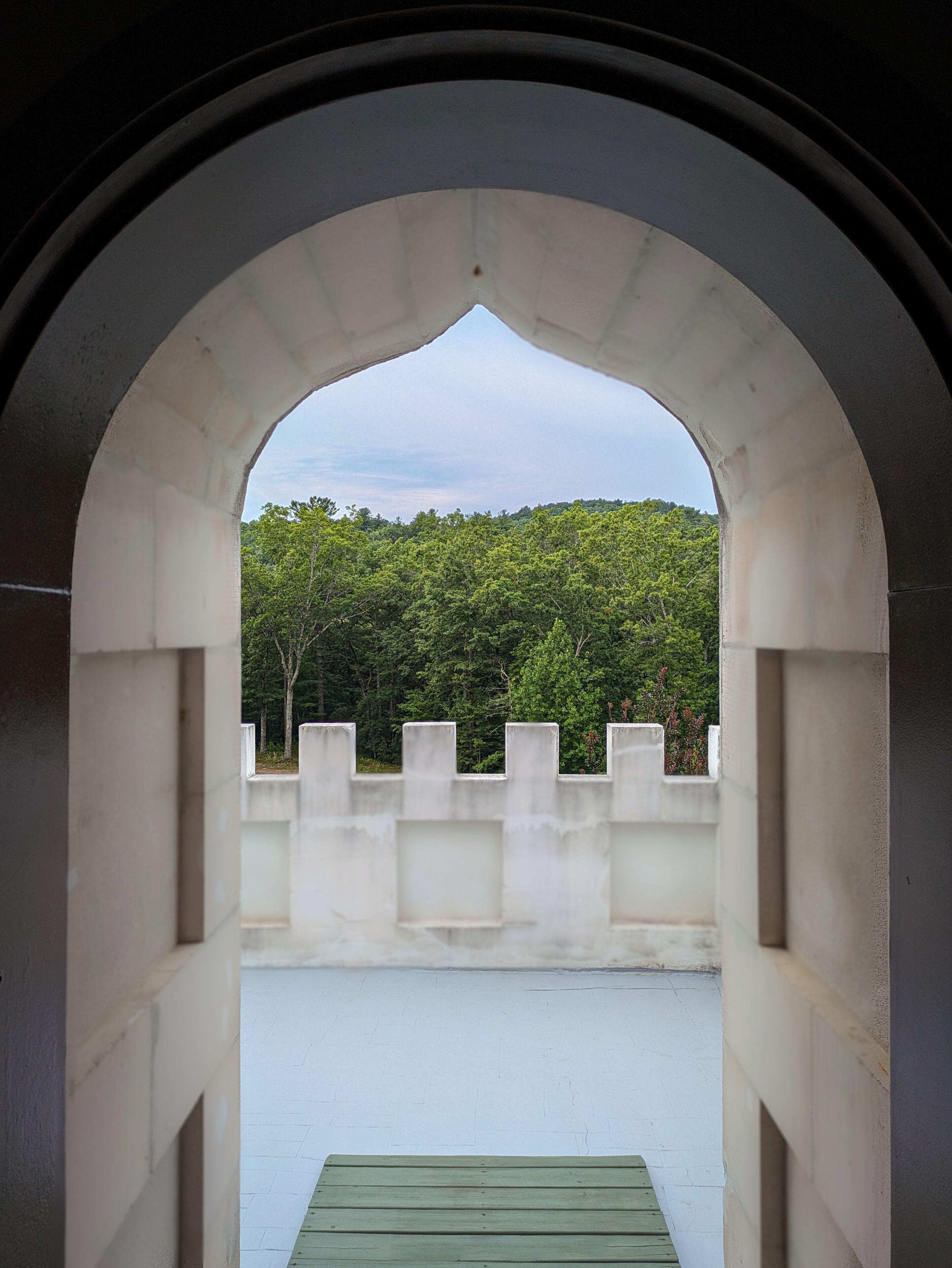 An arched window with a view of a forested hillside.