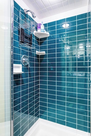 Shower, hair dryer, towels, soap