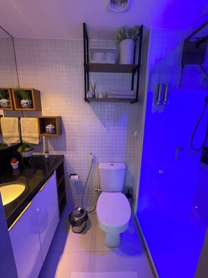 Hair dryer, towels, soap, toilet paper