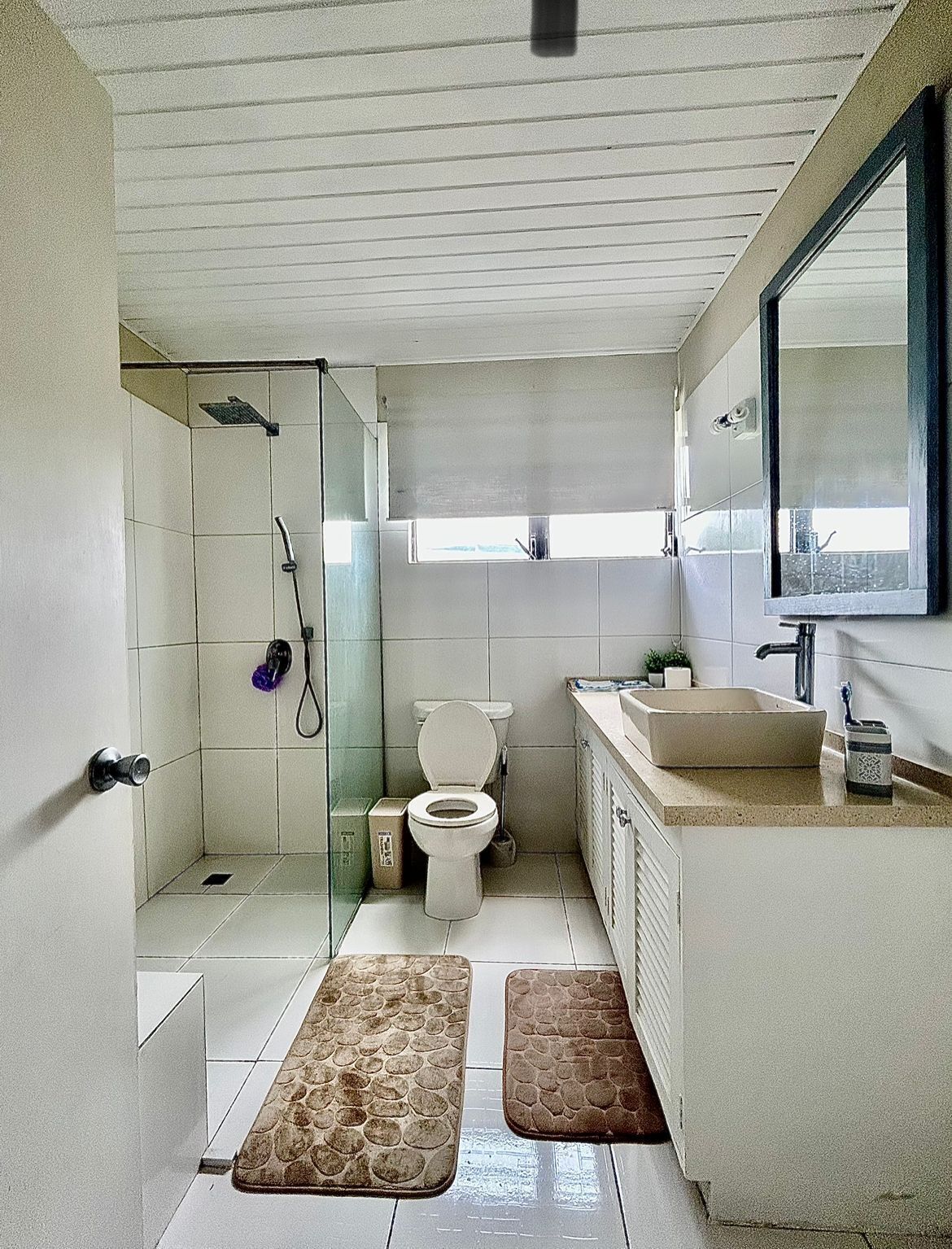 Shower, towels, soap, toilet paper