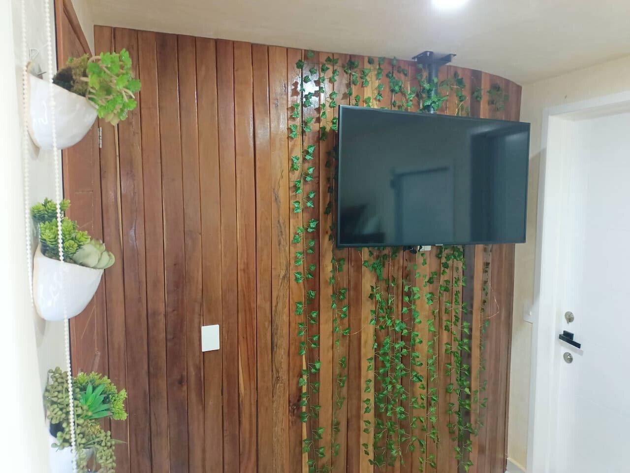 A room with a wooden wall panel, a mounted TV, and hanging plants.