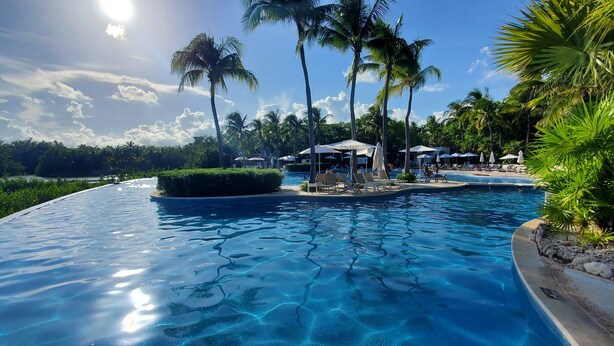 Una piscina con agua azul cristalina, rodeada de palmeras y sillas de descanso.