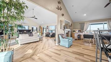 Smart TV, fireplace, video games, DVD player