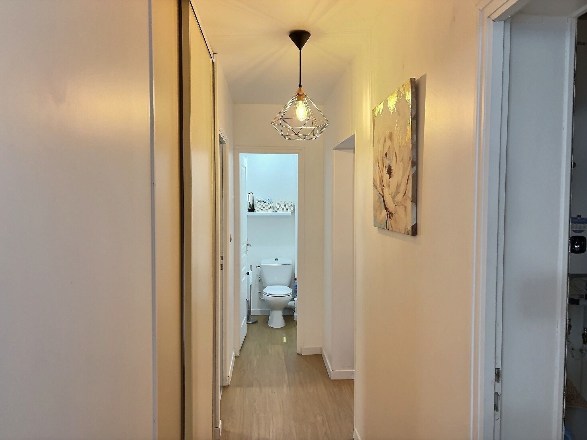 A narrow hallway with a wooden floor, a modern pendant light, and a bathroom with a toilet and shelves.