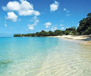 Een strand met helder turquoise water, een zandstrand en weelderige groene begroeiing op de achtergrond.