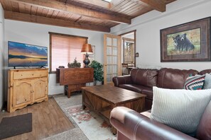 TV connectée, cheminée, lecteur de DVD, livres