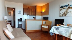 A compact living space with a sofa, a dining table with chairs, a kitchen area with wooden cabinets, and a television.