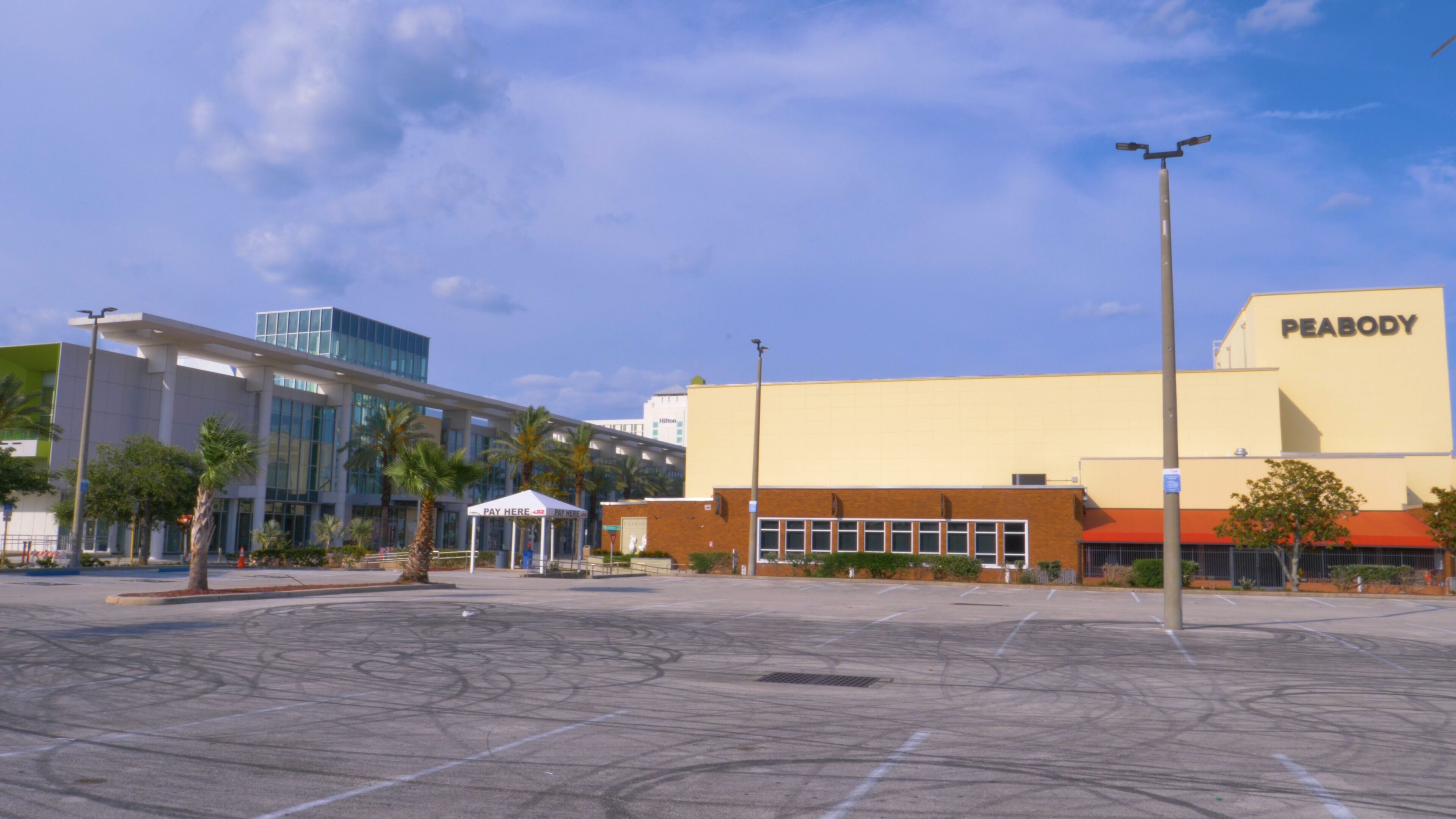 Een Peabody hotel met een modern glazen gebouw, een parkeerplaats en palmbomen.