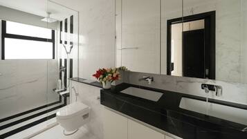 A modern bathroom with a glass shower enclosure, a toilet, two sinks, and a large mirror.