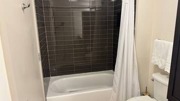 Hair dryer, towels, soap, toilet paper