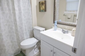 A bathroom with a toilet, a sink, and a mirror. - 3-bedroom bungalow in charming Charlotte (Charlotte)