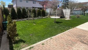Un patio trasero residencial con césped cuidado, un patio de ladrillo y una fila de árboles de hoja perenne.