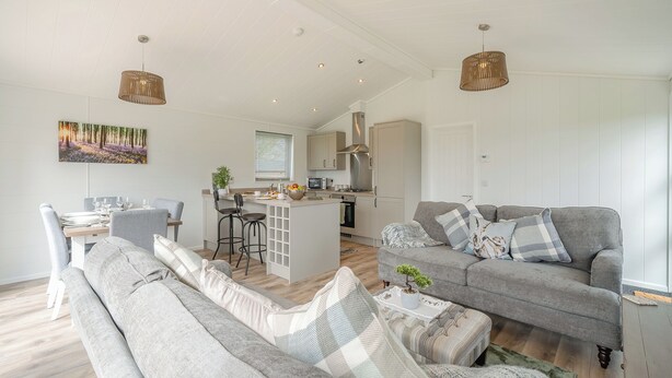 Een moderne woonkamer met een grijze bank, een eettafel met stoelen, een keukenhoek en een groot raam.