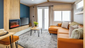 Ett modernt vardagsrum med en öppen spis, en soffa, en tv och ett litet bord med en växt.