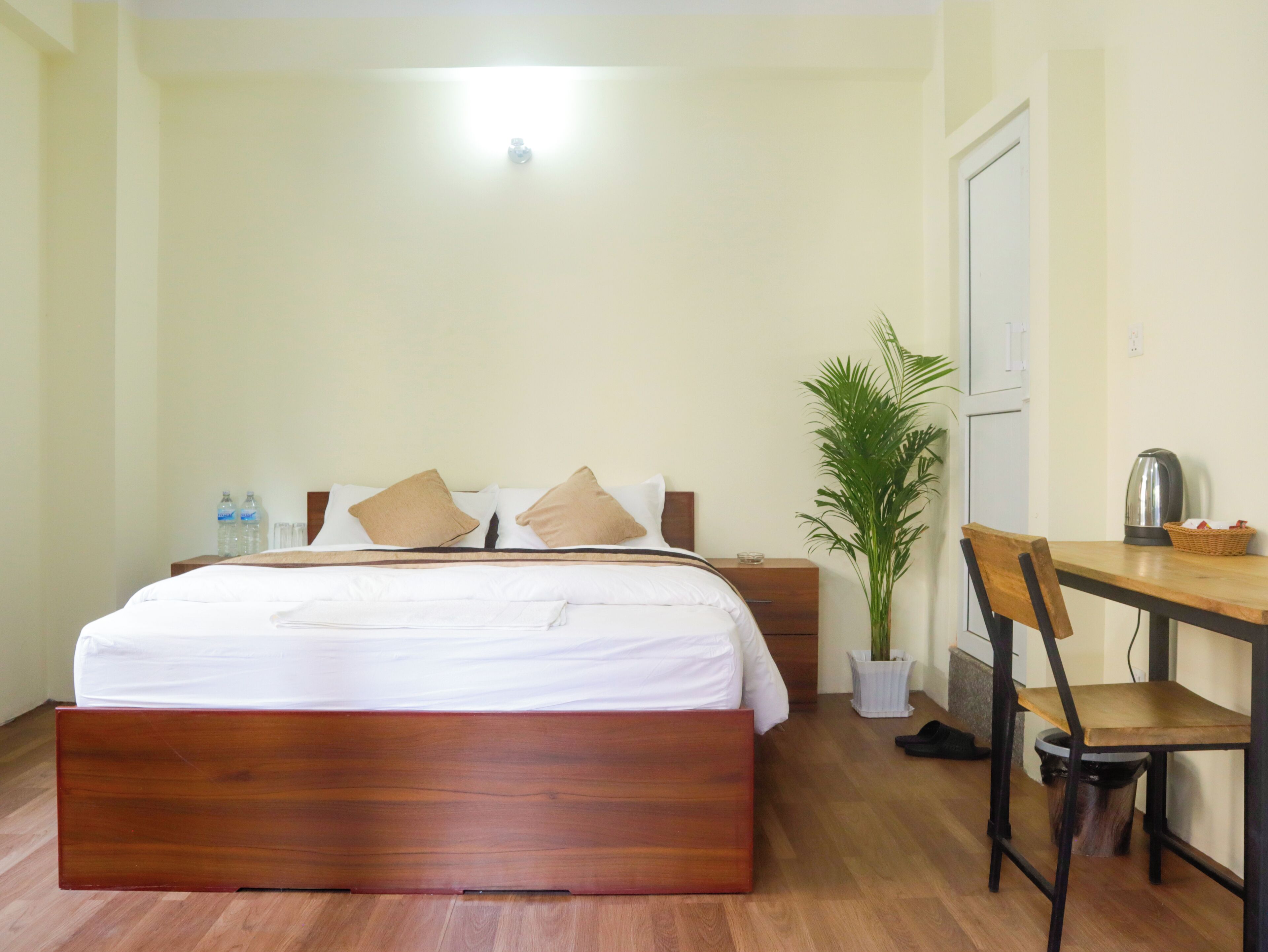 A hotel room with a wooden bed, a desk, a chair, a potted plant, and a water bottle.