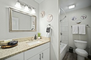 Hair dryer, towels, soap