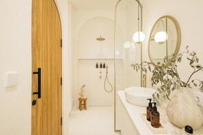 Shower, hair dryer, bidet, towels