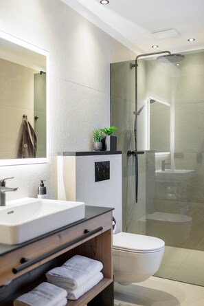 Shower, hair dryer, towels - Holiday Apartment 'Mountain Suite Nr°102' with Mountain View, Balcony and Wi-Fi (Großarl)