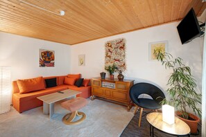 Una sala de estar con techo de madera, sofá naranja, mesa de centro de madera y una planta en maceta.