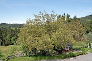 A rural landscape with a small cabin, a large tree, and a forested hill in the background.