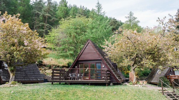 A cabin with a triangular roof, surrounded by trees and a grassy area. - Heron Lodge by Interhome (Invergarry)