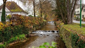 A narrow stream with a waterfall, surrounded by trees and hedges, leading to a house with a white facade and a sloped roof. - Holiday Apartment Mühlerain with Balcony (Heitersheim)
