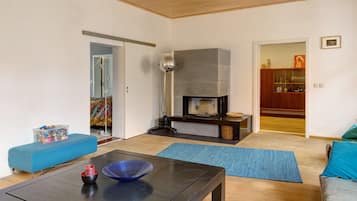 Televisión, chimenea y estéreo