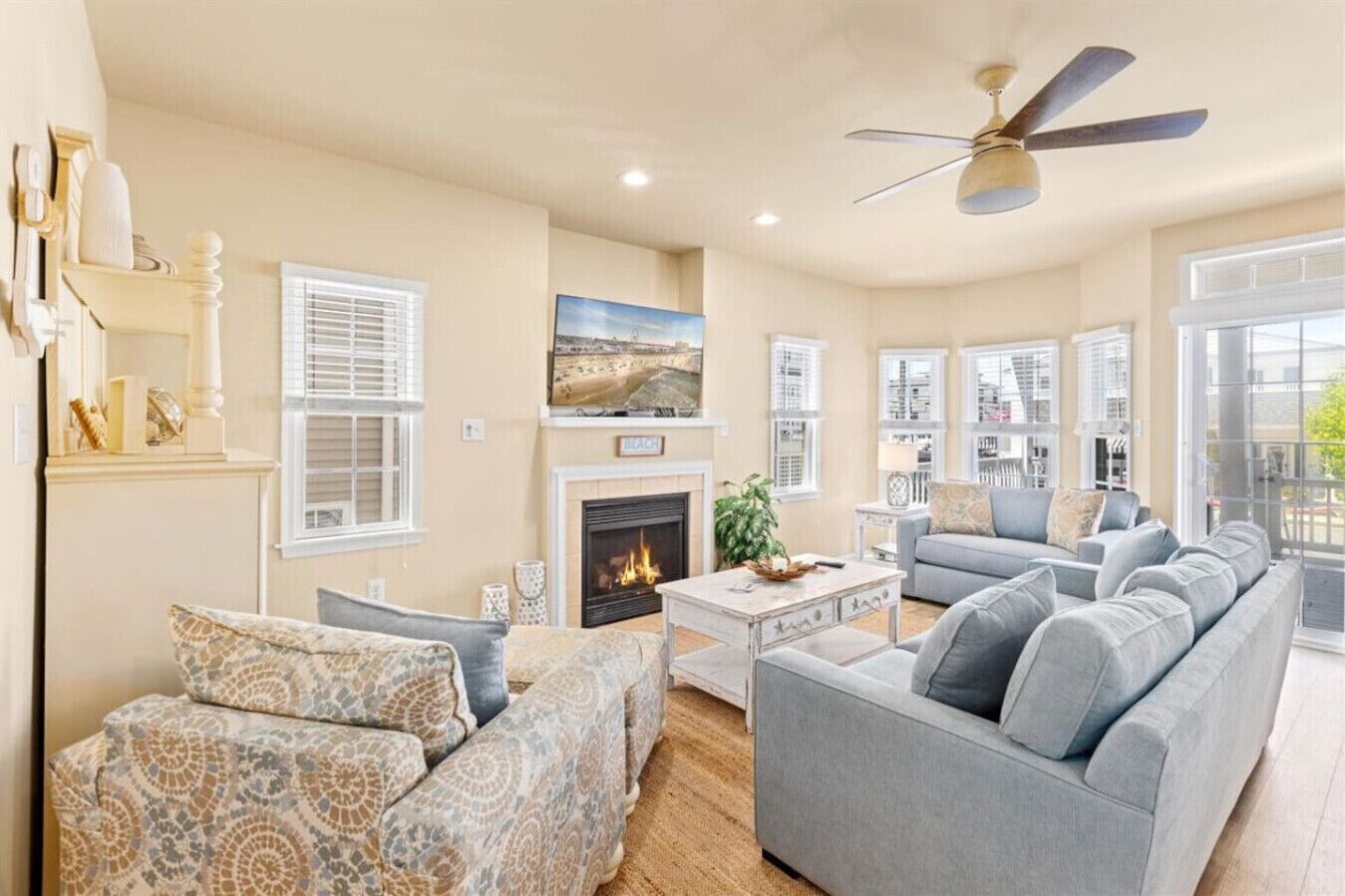 Smart TV, fireplace, books