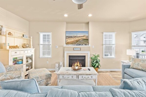 Smart TV, fireplace, books