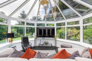 Televisión, chimenea y estéreo 