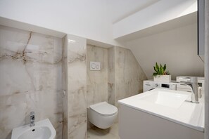 Shower, hair dryer, bidet, towels
