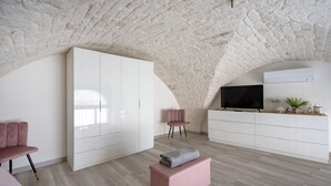 A modern living room with a vaulted ceiling, white cabinetry, a pink chair, a TV, and a small plant. - GuestHost - Dimora Marseglia (Ostuni)